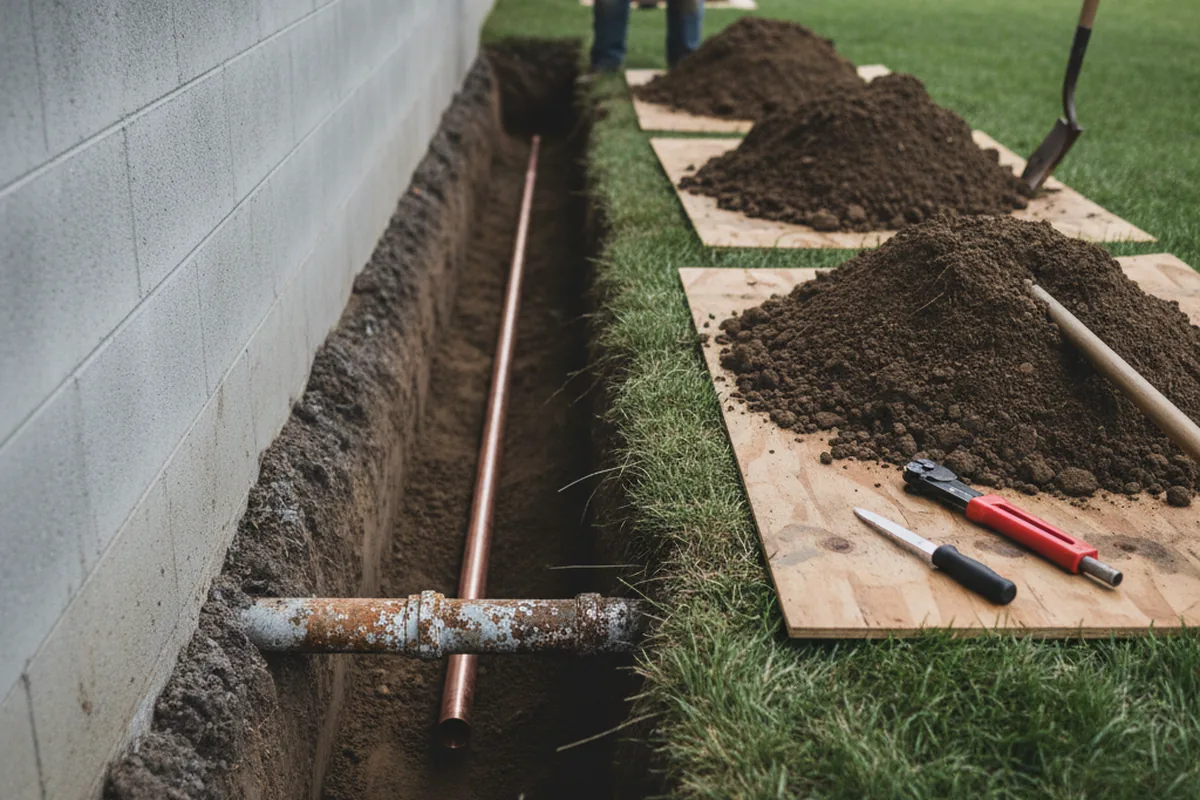 Excavated water line trench during Water Heater Repair in San Antonio